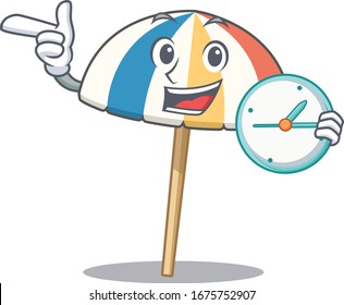 Cheerful beach umbrella cartoon character style with clock