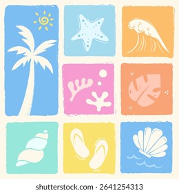Cheerful beach-themed design with nine pastel panels. Icons include a palm tree, starfish, wave, coral, and seashells. Each element has a fun, hand-drawn style. Perfect for a summer vibe.