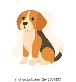A cheerful beagle sits attentively, adorned with a blend of brown and white fur. Its expressive face shows curiosity, set against a minimalist background.