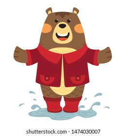 Cheerful bear in boots jumping in a puddle. Vector isolate in cartoon style on a white background. Scandinavian style.