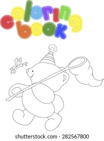 Cheerful bear with butterfly net. Beautiful butterfly flying next to the bear.