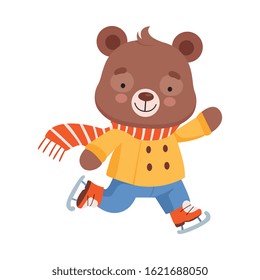 Cheerful Bear Character Wearing Warm Clothes and Scarf Ice Skating Vector Illustration