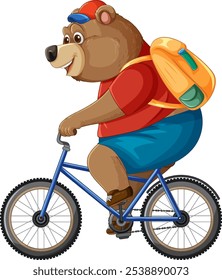 Um urso alegre pedalando com uma mochila