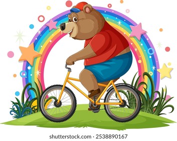 A cheerful bear cycling beneath a colorful rainbow