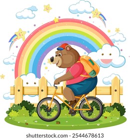 A cheerful bear cycling beneath a colorful rainbow