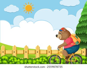 A cheerful bear cycling through a sunny landscape