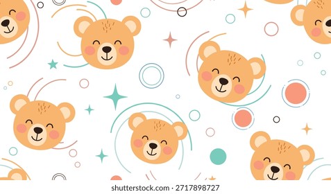Rostos de urso alegres com círculos coloridos e estrelas em um fundo branco formam um padrão contínuo divertido e moderno para crianças desenhos têxteis.