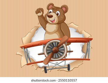 Cheerful bear flying a classic biplane