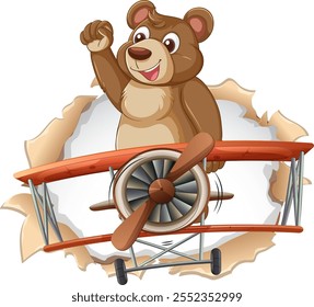 A cheerful bear flying a vintage airplane