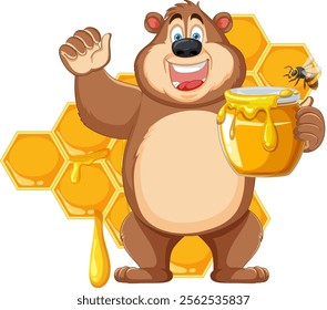 Cheerful bear holding honey jar with honeycomb background