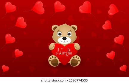 A cheerful bear holds a red heart with the text I Love You, surrounded by floating red hearts and balloons on a vibrant red background, perfect for expressing love. Vector illustration.