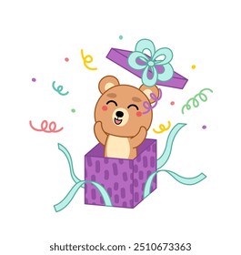 Fröhlicher Bär springt aus der Gegenwart. Öffnen Sie die Geschenkbox. Cartoon, Kawaii, einzelne Vektorgrafik, Folge 10