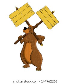 Cheerful a bear paws keeps two banners