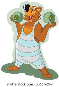 cheerful bear raises the two heavy kettlebells, illustration