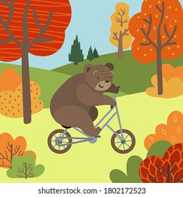 cheerful bear rides a bicycle through the autumn forest, yellow leaves, trees, light green grass, cartoon, doodle, vector illustration, for children