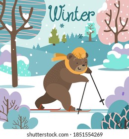 cheerful bear is skiing in the winter forest, winter, snow, snow-covered trees, cartoon, doodle, vector illustration, square, children's print