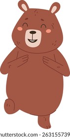 A cheerful bear stands with closed eyes and a joyful expression in a playful cartoon style. The happy animal has its hands on its chest and one leg raised. Cartoon vector illustration.