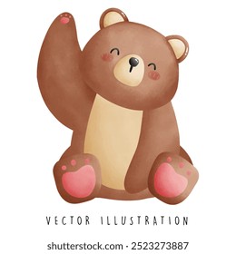 Cheerful Bear Waving Directly  Water Color  Children's Illustration