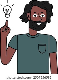cheerful bearded black man raising finger idea concept