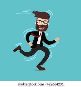 Cheerful bearded businessman running. Happy businessman going up. running man in suit with beard. Successful business concept. Vector flat design character illustration