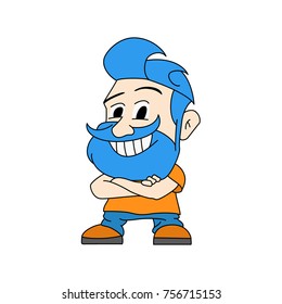 cheerful bearded cartoon hipster, character for barbershop