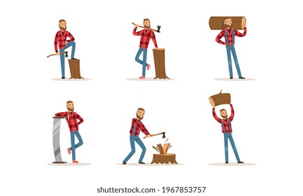 Cheerful Bearded Lumberjack in Action Set, Woodcutter Cartoon Character Wearing Plaid Shirt with Working Tools Cartoon Vector Illustration