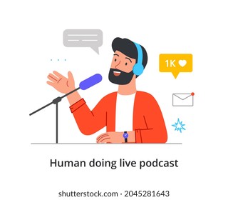 Cheerful bearded male character is recording live audio podcast in a studio on white background. Concept of studio recorded live audio for streaming books or podcasts. Flat cartoon vector illustration