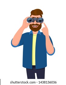 Cheerful bearded man in casual wear looking through binoculars and gesturing, pointing index finger hand. Male character holding a binocular in hand. Modern lifestyle, technology concept in cartoon.