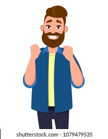 Cheerful bearded man gesturing hands. Person showing raised fist. Male character celebrating success. Illustration concept design in vector cartoon style.
