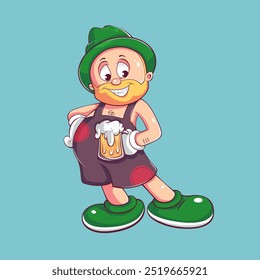 Cheerful bearded man with a glass of beer and in a green hat. Oktoberfest holiday. Cartoon style character design. Vector illustration.