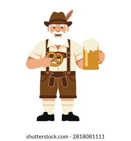 Cheerful bearded man in lederhosen and hat enjoying beer at Oktoberfest celebration