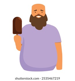 Cheerful bearded man in a purple t shirt holding a chocolate ice cream bar on a stick, enjoying a sweet treat