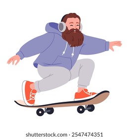 A cheerful bearded man in sneakers skates.Modern guy riding skate board. Extreme skateboarding, summer street sport