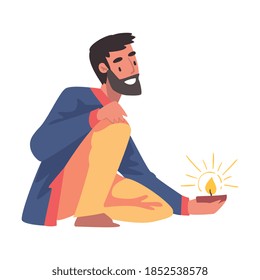 Cheerful Bearded Man in Traditional Indian Clothes with Candle in Candlestick, People Celebrating Diwali Hindu Holiday Light Festival Cartoon Style Vector Illustration