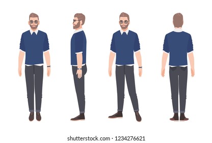 Cheerful bearded man wearing casual clothes and sunglasses. Smiling male cartoon character isolated on white background. Front, side and back views. Colored vector illustration in flat style.