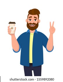 Cheerful bearded trendy man holding a coffee cup and showing, gesturing or making victory, V, peace sign with hand fingers. Male character design illustration. Modern lifestyle, food and drink concept