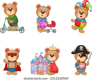 Cheerful Bear's Adventures: Set of Popular Vector Illustrations