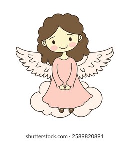 Cheerful Beautiful Cute Winged Little Girl Angel Cartoon Character on Cloud in the Sky