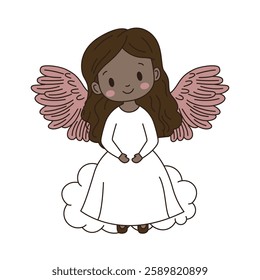 Cheerful Beautiful Cute Winged Little Girl Angel Cartoon Character on Cloud in the Sky