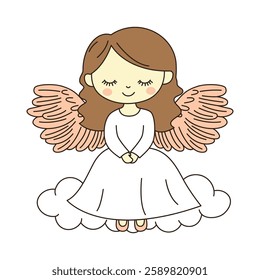 Cheerful Beautiful Cute Winged Little Girl Angel Cartoon Character on Cloud in the Sky