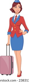 Cheerful beautiful flight attendant on white background