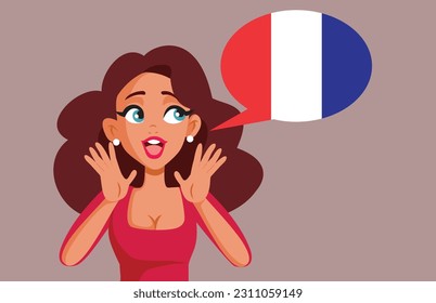
Cheerful Beautiful Woman Speaking French Language Vector Cartoon Illustration. Happy girl learning a new foreign language for travel 
