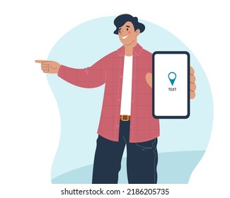 Cheerful beautiful young man points direction with his finger. In his other hand he holds smartphone, destination is displayed on screen. Flat design vector illustration