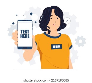 Cheerful beautiful young woman raised her hand to show blank screen in mobile phone while standing concept illustration