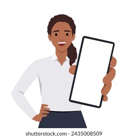 Cheerful beautiful young woman raised her hand to show blank screen in mobile phone while standing. Flat vector illustration isolated on white background