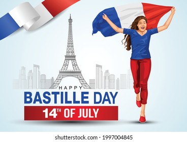 Cheerful beautiful young woman running with her hands spread up and holding blowing French flag. Creative vector Illustration, Card, Banner Or Poster For The French National Day. Happy Bastille Day