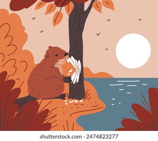 A cheerful beaver in the forest is gnawing on a tree against the background of the sun and the river. A vector illustration of a nature carpenter, cartoon style