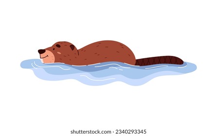 Nado de castores alegres en el agua, dibujos animados ilustrativos de vectores planos aislados en fondo blanco. Dibujo de animales salvajes. Ideal para niños y diseños de guardería.