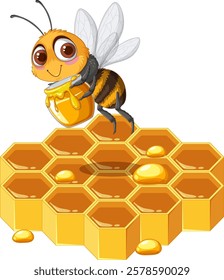 A cheerful bee holding a pot of honey