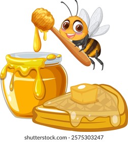 Cheerful bee with honey jar and waffle